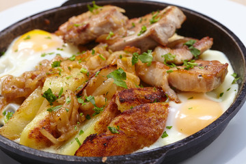 fried meat with potatoes and egg
