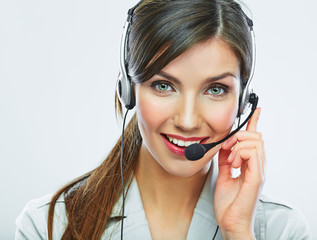 Customer support operator close up portrait.  call center smili