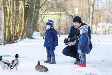 Fototapeta na wymiar Father and two little siblings boys feeding ducks in winter.
