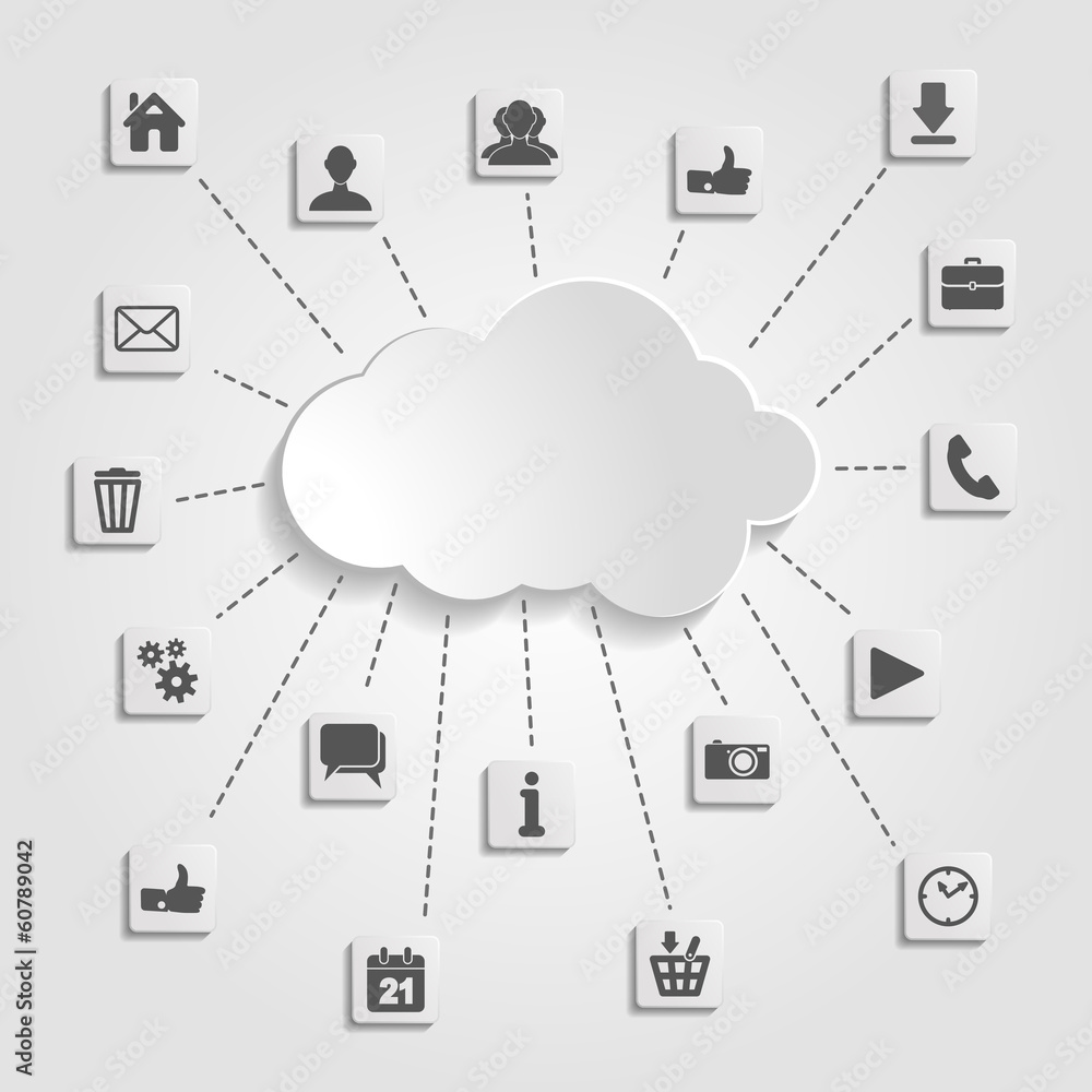 Poster abstract cloud computing with social networks icons on a gray ba