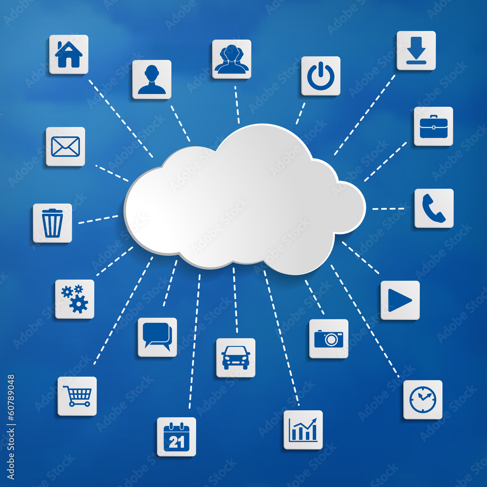 Poster abstract cloud computing with media icons on a blue background