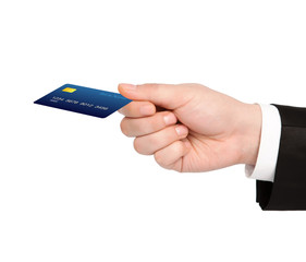 isolated hand of a businessman holding a credit card