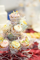 Fototapeta na wymiar Elegant sweet table with cupcakes and other sweets for dinner or