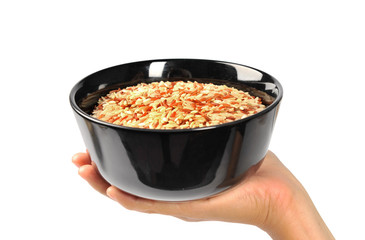 human hand with blank plate isolated on white background