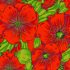 Red poppy flowers - vector seamless pattern