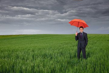 Business man with umbrella in green field
