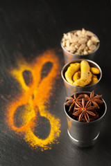 Spices on the chalkboard: cardamom, turmeric and cardamom