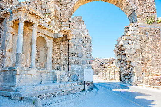 Ruins of Side in Turkey, arch of white stone