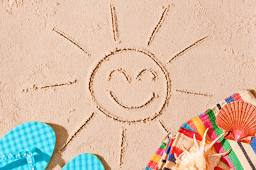 Postcard photo of joyful sun and beach accessories