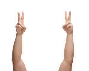 man hands showing v-sign