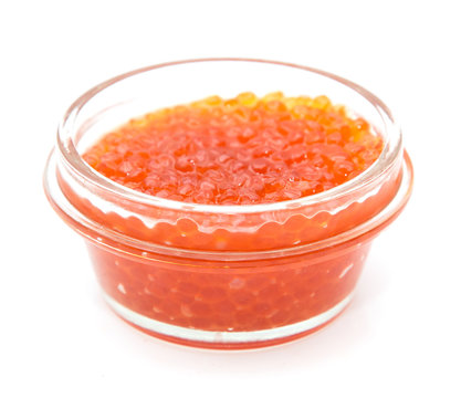 red caviar in a jar on white background
