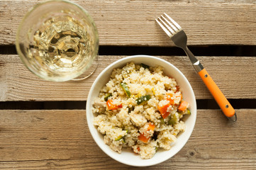 Couscous salad with chicken, zucchini and carrot