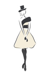 Fashion Design Sketch of a Woman with a Dress and a Hat
