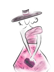 Fashion Design Sketch of a Woman with a Dress and a Hat
