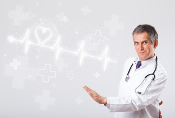 Doctor examinates heartbeat with abstract heart