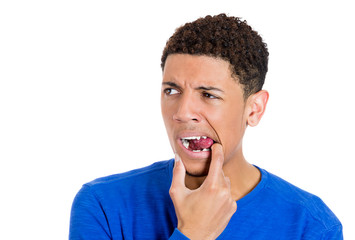 Sick man with tooth ache, pain, sensitive teeth