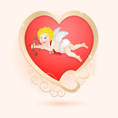 Golden heart with cupid isolated