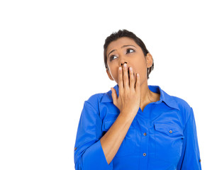 Young woman, student, hand on mouth yawning, tired, bored