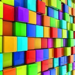 3d colorful glossy cubes wall background.