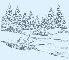 Fotobehang Vector sketch. Winter forest landscape with frozen river © Marina