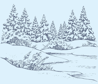 Vector sketch. Winter forest landscape with frozen river