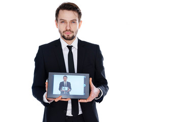 Man displaying a handheld tablet computer