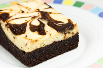 Frosted chocolate cheese brownie on white background . Macro wit