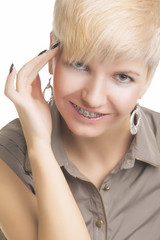Young Caucasian Woman Wearing Orthodontic Teeth Brackets