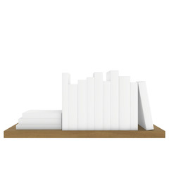 wooden shelf with white books