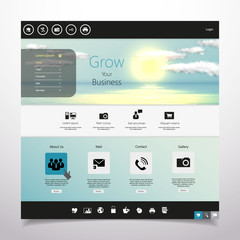 Obraz premium Website template Vector. with photorealistic sunrise, sea 