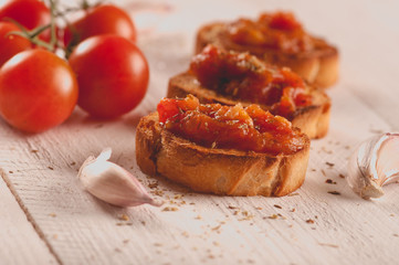 Toast with tomato sauce. Retouching in vintage style. selective