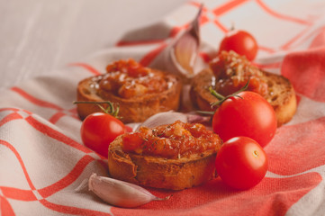 Toast with tomato sauce. Retouching in vintage style. selective