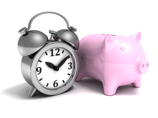 time is money concept alarm clock and piggy bank