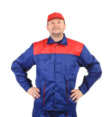 Worker inred-blue workwear.