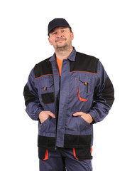 Worker wearing work jacket.