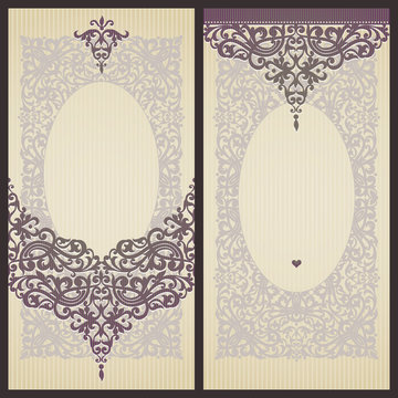 Vintage greeting cards with swirls and floral motifs.