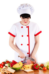 chef sliced ​​sausage on the table