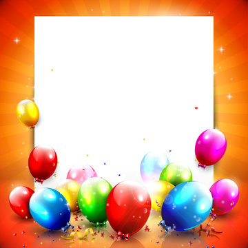 Colorful birthday background with empty paper nad balloons