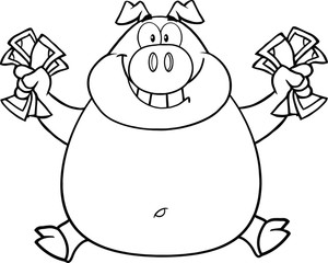 Black And White Smiling Rich Pig Jumping With Cash