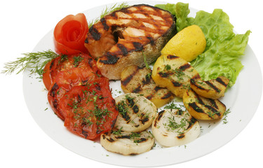 Fish fillet with tomato sauce, onions and potatoes