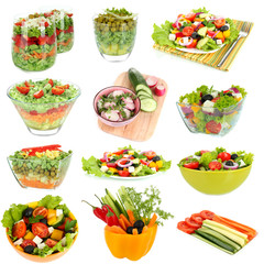 Collage of  different salads isolated on white