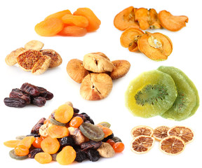 Collage of dried fruits isolated on white