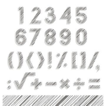 kreskowany płaski zestaw cyfr i znaków z cieniem
