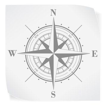 Compass rose over white paper sticker isolated on white