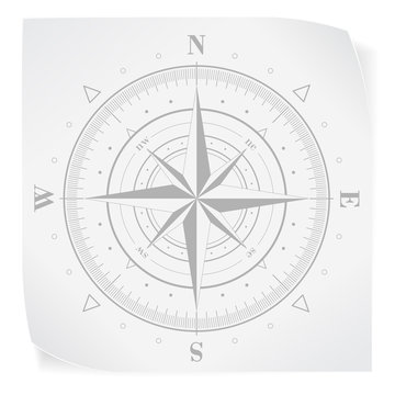 Compass rose over white paper sticker isolated on white
