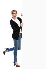 Carefree woman with big banner