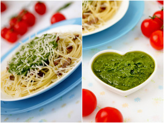Italian pasta collage with pesto sauce.