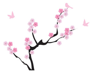 Naklejka premium vector cherry tree in blossom with birds