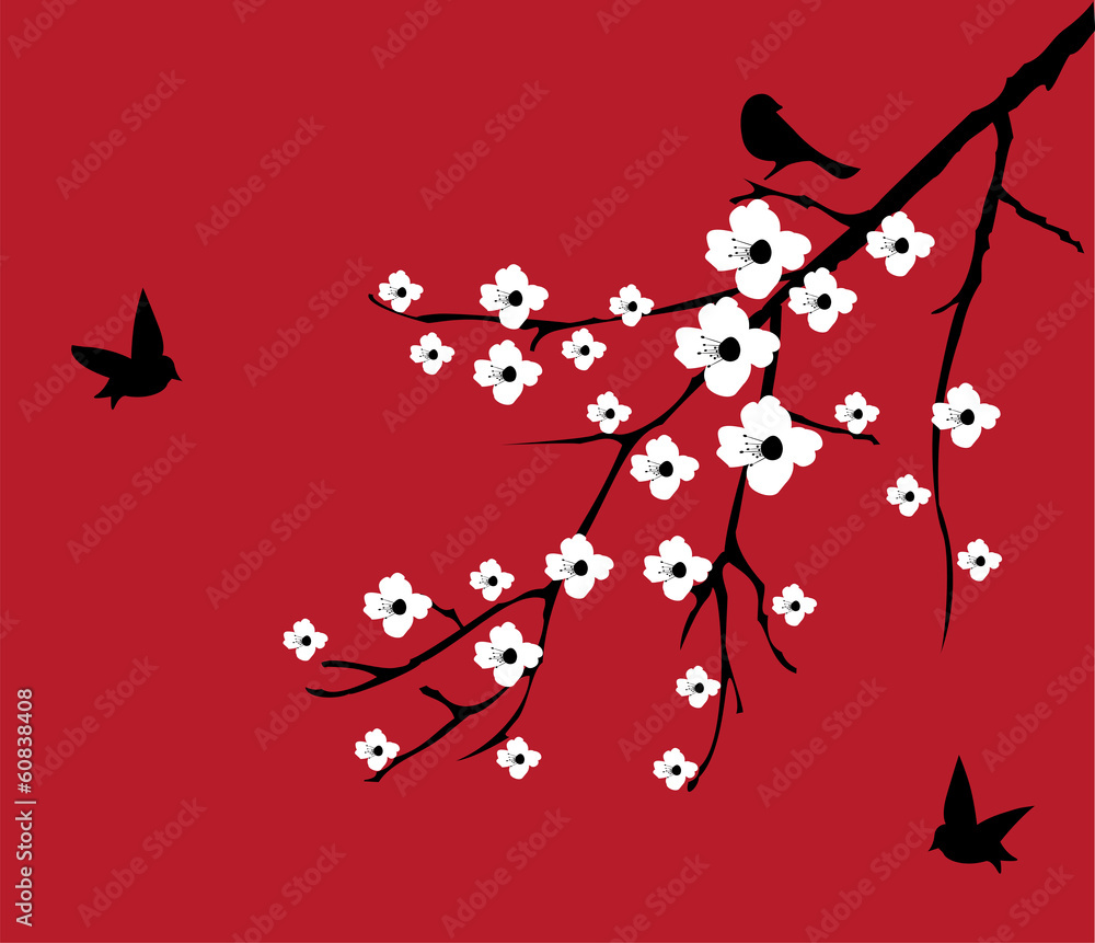 Poster vector oriental floral background with birds