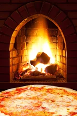 Fotobehang pizza margherita and open fire in oven © vvoe
